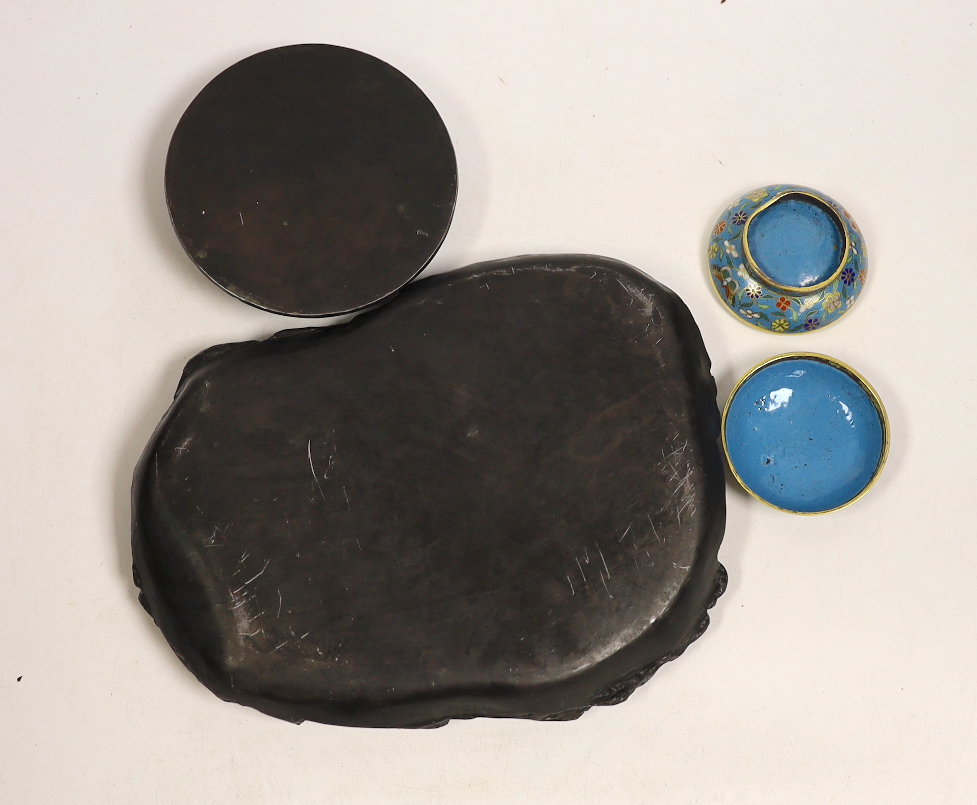 A 19th century Chinese cloisonné enamel incense box and a 'dragon' inkstone, 25cm